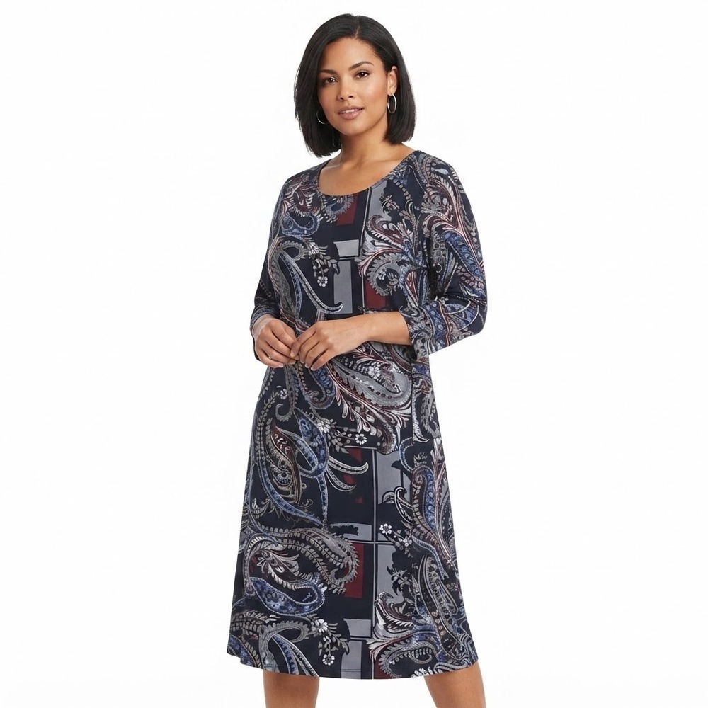 Cato Plus Size 22/24W Paisley Geometric Print 3/4 Sleeve Knit Sheath Dress Navy‎